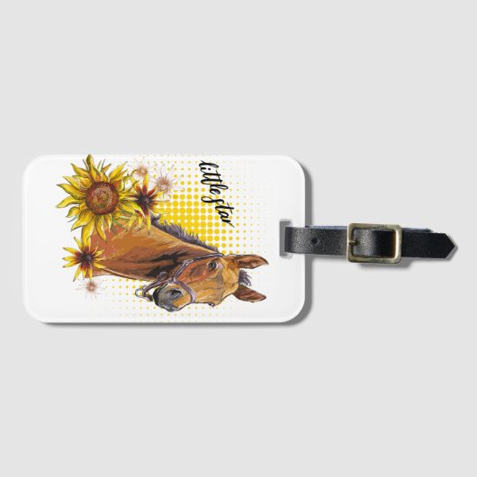 手スケッチ馬ひまわりTシャツスーパーマーケット ラゲッジタグ (正面横)