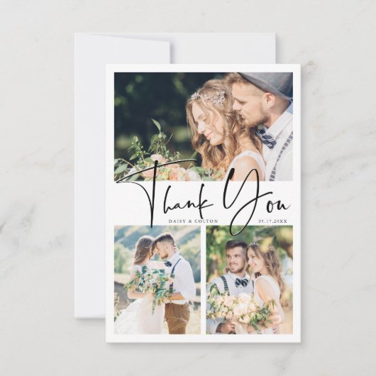 手スタイリッシュ文字結婚の4枚の写真 サンキューカード (正面)