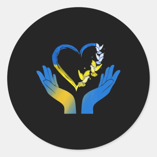 手ハートウクライナ国旗ドブウクライナスタンド ラウンドシール (正面)