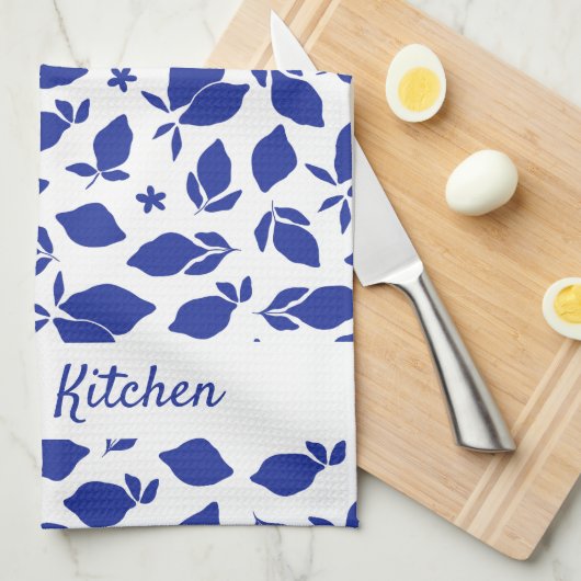 手パーソナライズされた引きブルーイタリアンレモン キッチンタオル (四つ折り)
