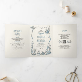 手ファンキーお洒落引きモダンの結婚写真 三つ折り招待状