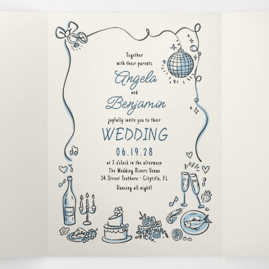 手ファンキーお洒落引きモダンの結婚写真 三つ折り招待状 (内部中)