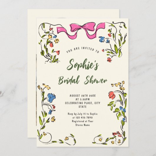 手ファンキー引き落書きレトロブライダルシャワー 招待状 (正面/裏面)