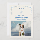 手フランスの引き弓モノグラムブルーフォト結婚ズ サンキューカード (正面)