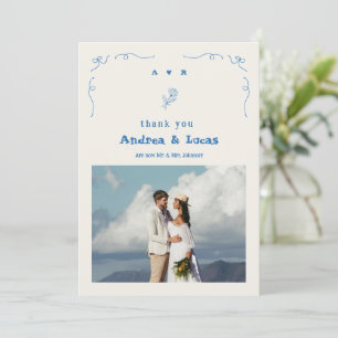 手フランスの引き弓モノグラムブルーフォト結婚ズ サンキューカード