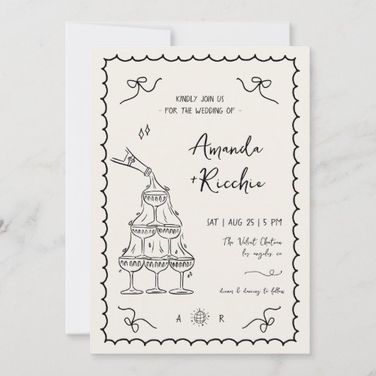 手フランスの描きヴィンお洒落テージ予測できな結婚式 招待状 (正面)