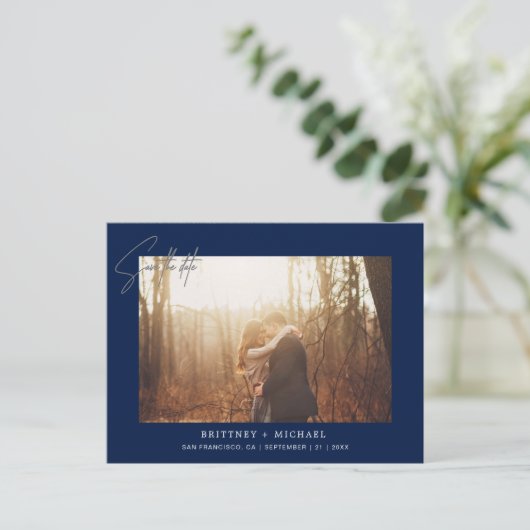 手ミニマル入力フォトネイビーブルー 案内ポストカード (スタンド正面)