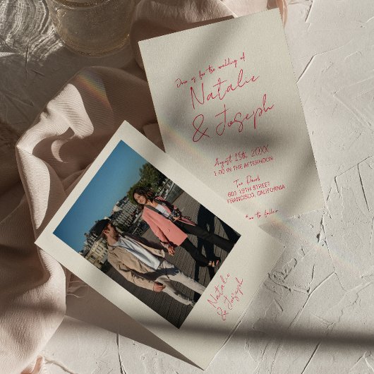 手モダンお洒落書レトロ写真結婚の 招待状