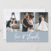 手モダンでレターフォトコラージュほこりっぽい青 サンキューカード (正面)