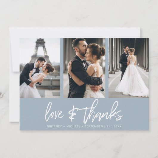 手モダンでレターフォトコラージュほこりっぽい青 サンキューカード (正面)