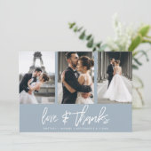 手モダンでレターフォトコラージュほこりっぽい青 サンキューカード (スタンド正面)