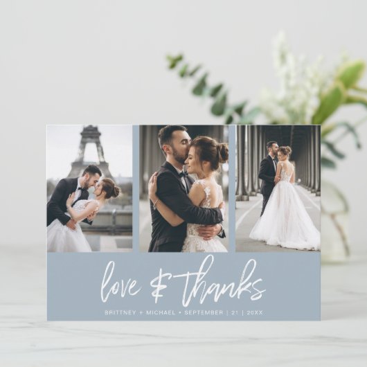 手モダンでレターフォトコラージュほこりっぽい青 サンキューカード (スタンド正面)