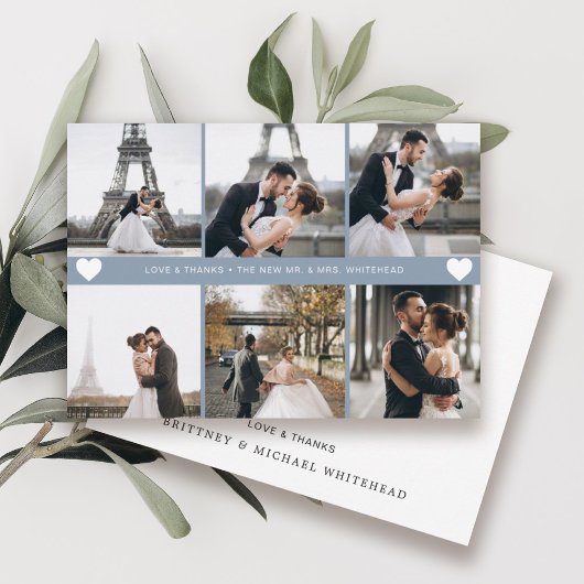 手モダンでレターフォトコラージュほこりっぽい青 サンキューカード