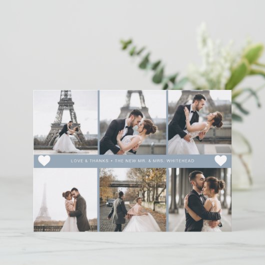 手モダンでレターフォトコラージュほこりっぽい青 サンキューカード (スタンド正面)