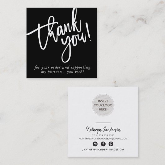 手モダンでレタ感謝していー白黒ロゴ スクエア名刺 (正面/裏面)