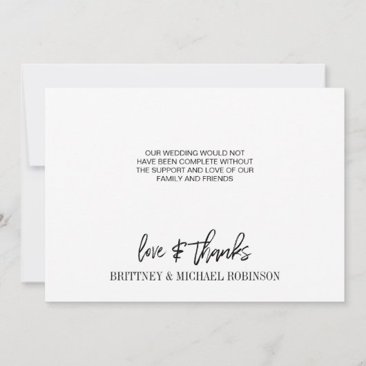 手モダンに手紙を入れた写真のコラージュエレガント サンキューカード (裏面)