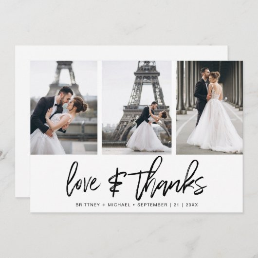 手モダンに手紙を入れた写真のコラージュエレガント サンキューカード (正面/裏面)