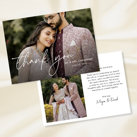 手モダンエレガントミニマル文字の写真結婚の サンキューカード