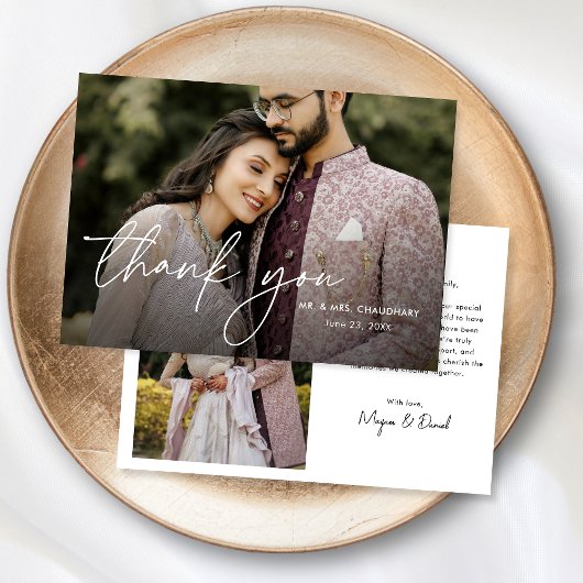 手モダンエレガントミニマル文字の写真結婚の サンキューカード