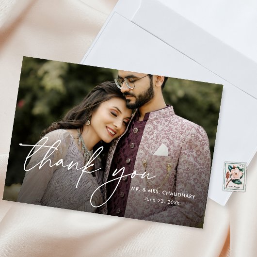 手モダンエレガントミニマル文字の写真結婚の サンキューカード