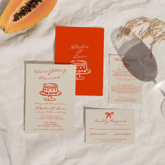 手モダンカラフル引きケーキレトロおもしろい結婚 招待状