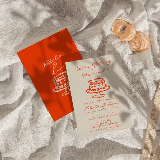 手モダンカラフル引きケーキレトロおもしろい結婚 招待状