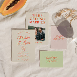 手モダンカラフル引きレトロおもしろい結婚の 招待状