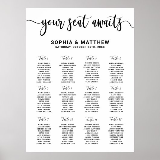 手モダンレタリングの結婚座席表 ポスター (正面)