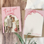 手モダン予測できな引き弓ピンク写真結婚ズ サンキューカード