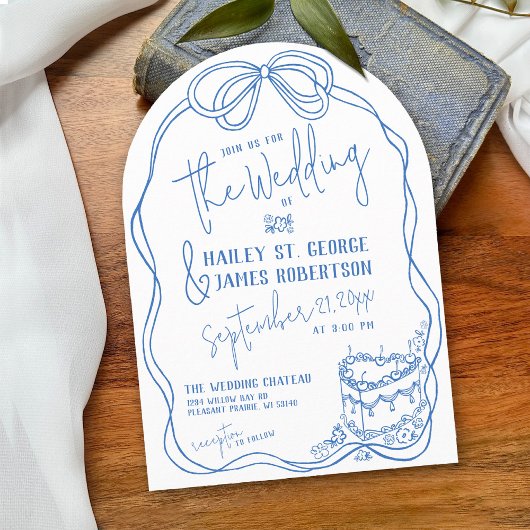 手モダン予測できな引き弓ブルー結婚レトロ 招待状