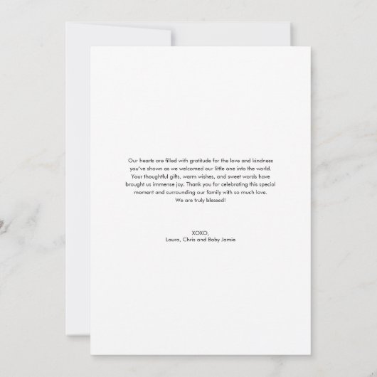 手モダン入力スクリプト赤ちゃんシャワー写真 サンキューカード (裏面)