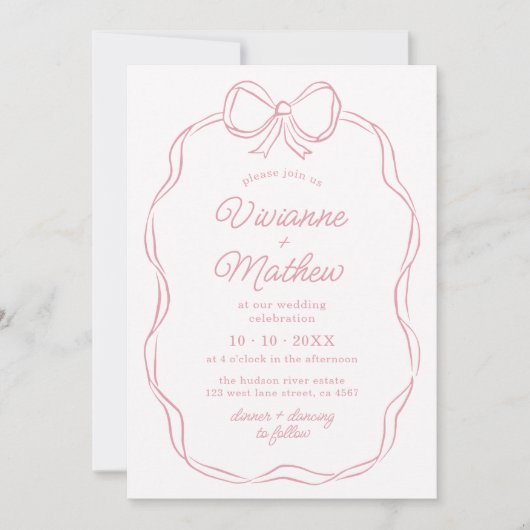 手モダン引きピンクボウ結婚ズ 招待状 (正面)