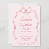 手モダン引きピンクボウ結婚ズ 招待状 (正面)
