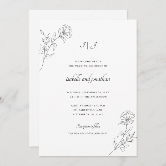 手モダン引きフローラ結婚 招待状 (正面/裏面)