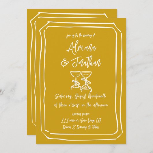 手モダン引きマスタードイエロー結婚ズ 招待状 (正面/裏面)