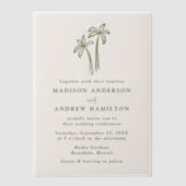 手モダン引きヤシの木のクリームズ結婚ーズ ベラム紙招待状 (正面)