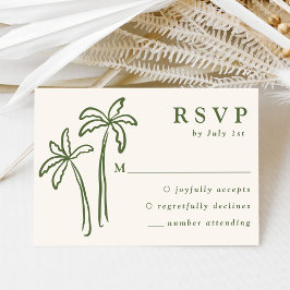 手モダン引きヤシの木のクリームズ結婚ーズ 出欠カード
