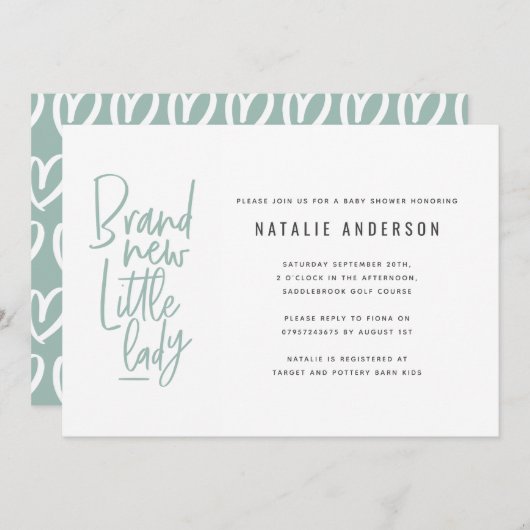 手モダン引き女の子の赤ちゃんシャワー招待状 案内状 (正面/裏面)