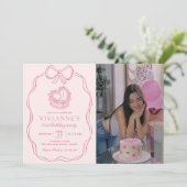 手モダン引き弓ピンクガール誕生日写真 招待状 (スタンド正面)