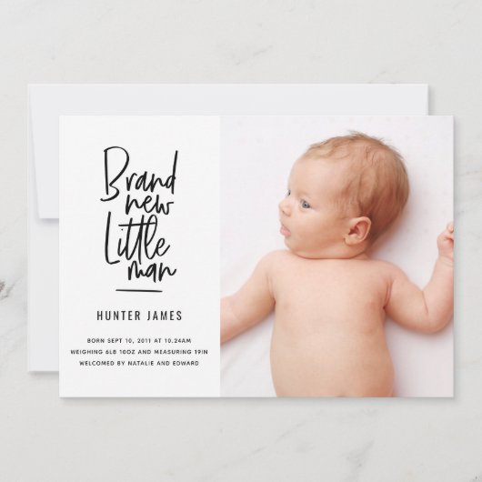 手モダン引き男の赤ちゃん誕生の発表 案内状 (正面)