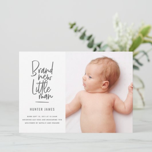 手モダン引き男の赤ちゃん誕生の発表 案内状 (スタンド正面)