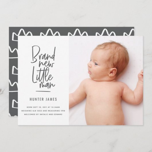 手モダン引き男の赤ちゃん誕生の発表 案内状 (正面/裏面)