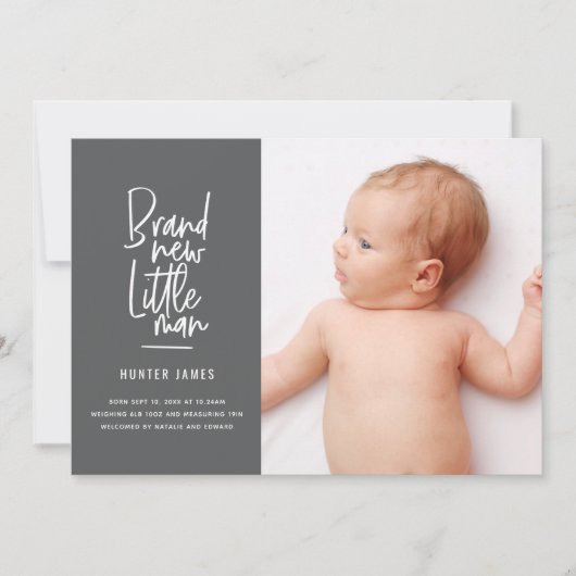 手モダン引き男の赤ちゃん誕生の発表 案内状 (正面)