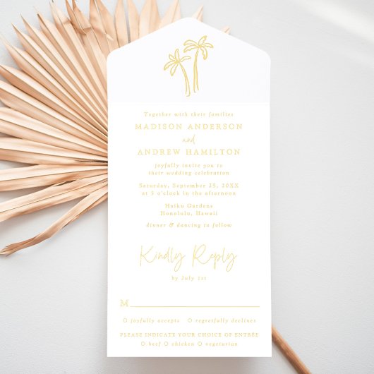 手モダン引き金箔ヤシ結婚の木 オールインワン招待状