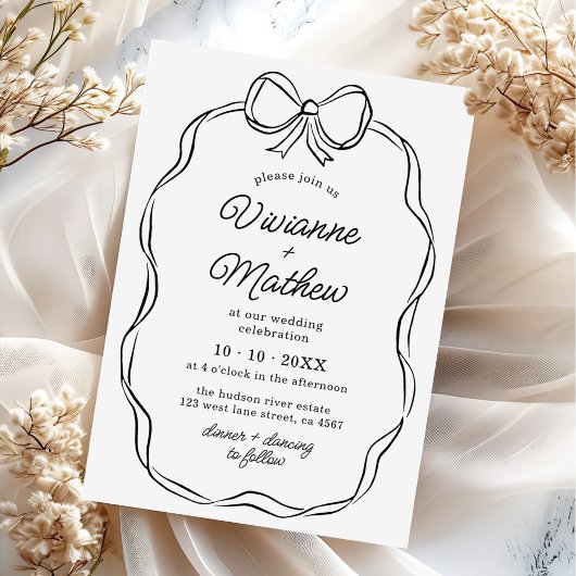 手モダン引き黒弓結婚の 招待状