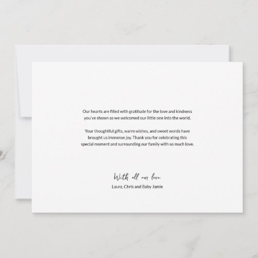 手モダン打ちベビー写真の愛と感謝してい サンキューカード (裏面)