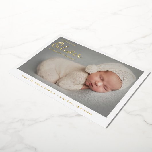 手モダン打ち男の赤ちゃん名カスタム写真 箔シーズンカード (回転した状態)