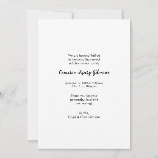 手モダン打ち紹介ベビーカスタム写真 サンキューカード (裏面)