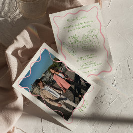 手モダン描きカラフル写真トレンディー結婚 招待状