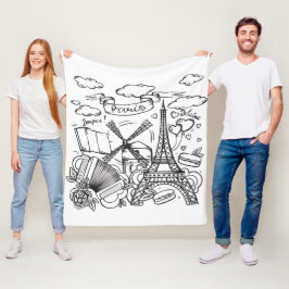 手モダン描きスタイリッシュエッフェルタワーパリホワイト フリースブランケット